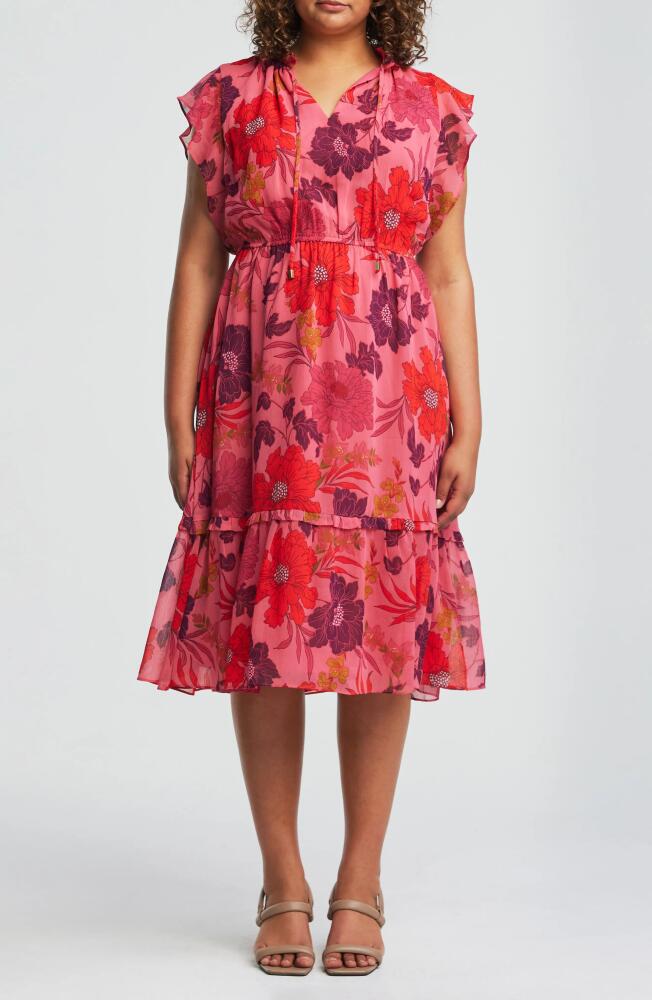 Estelle Delta Floral Tiered Midi Dress in Pink Floral Cover