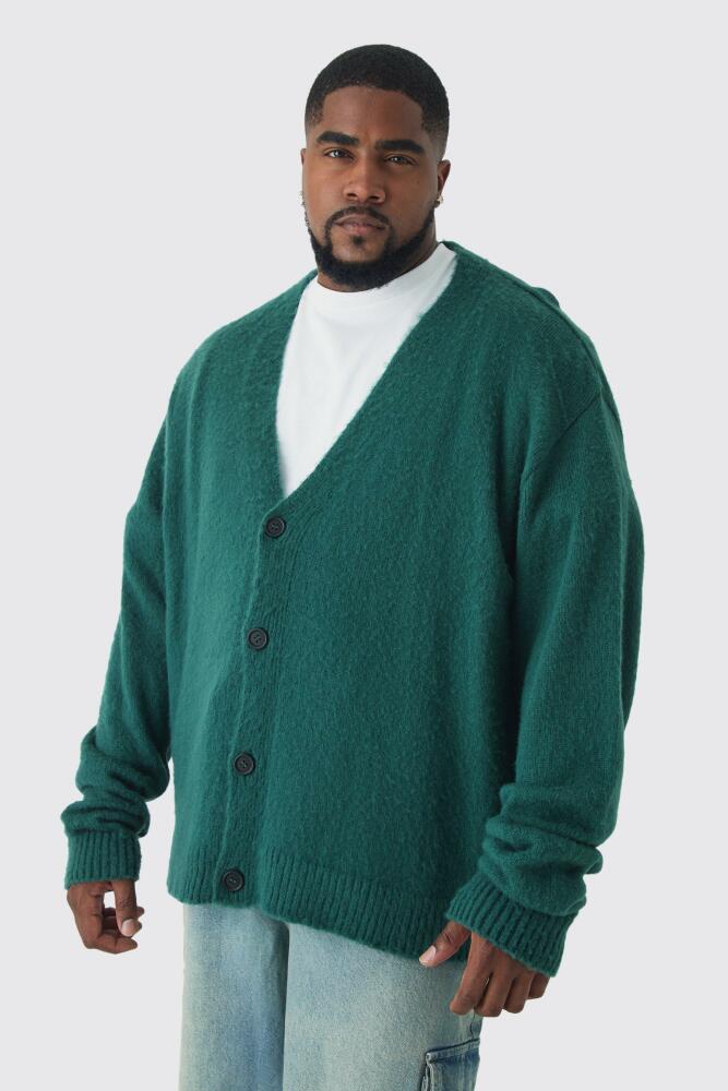 boohoo Mens Plus Brushed Contrast Trim Boxy Cardigan - Green Cover