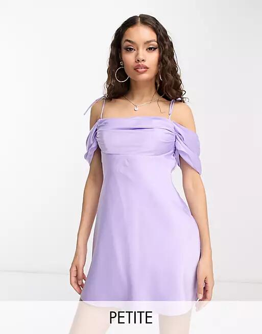 Ever New Petite off shoulder mini dress in lilac satin-Purple Cover