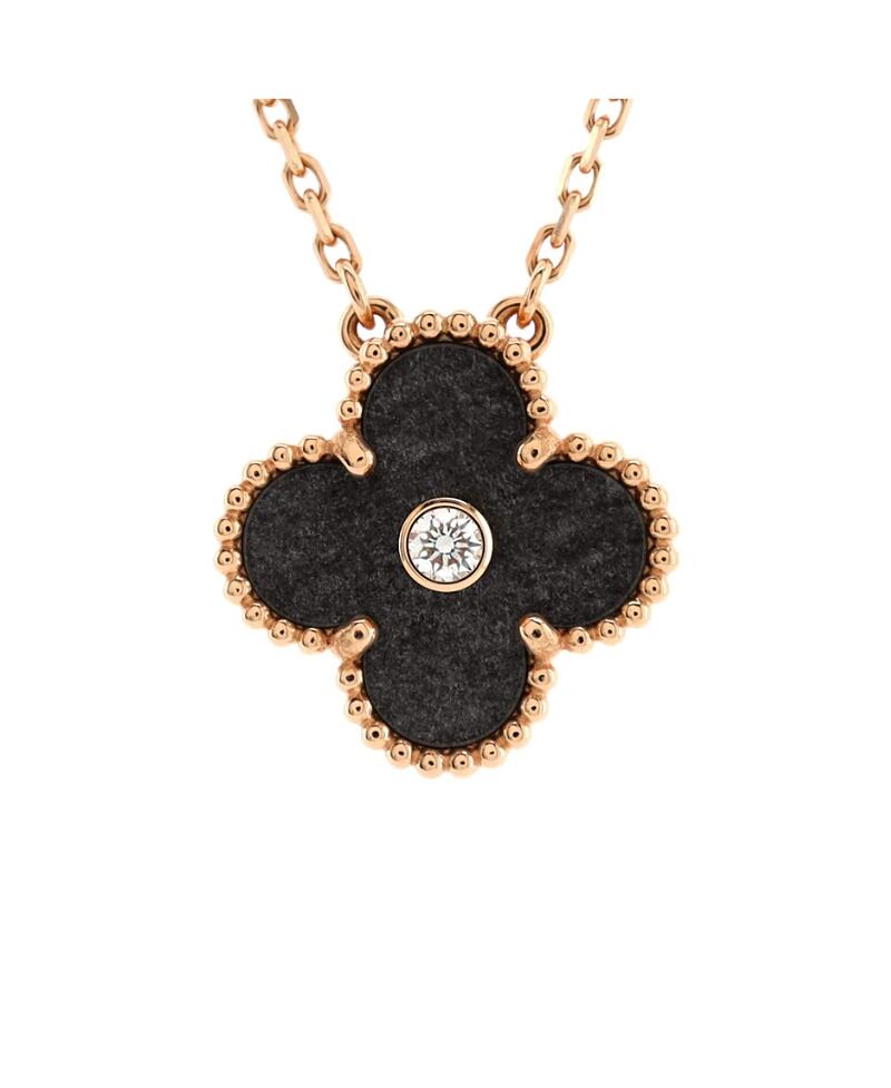 Pre-Owned Van Cleef & Arpels Vintage Alhambra Pendant Necklace 18K Rose Gold and Silver Obsidian with Diamond Cover