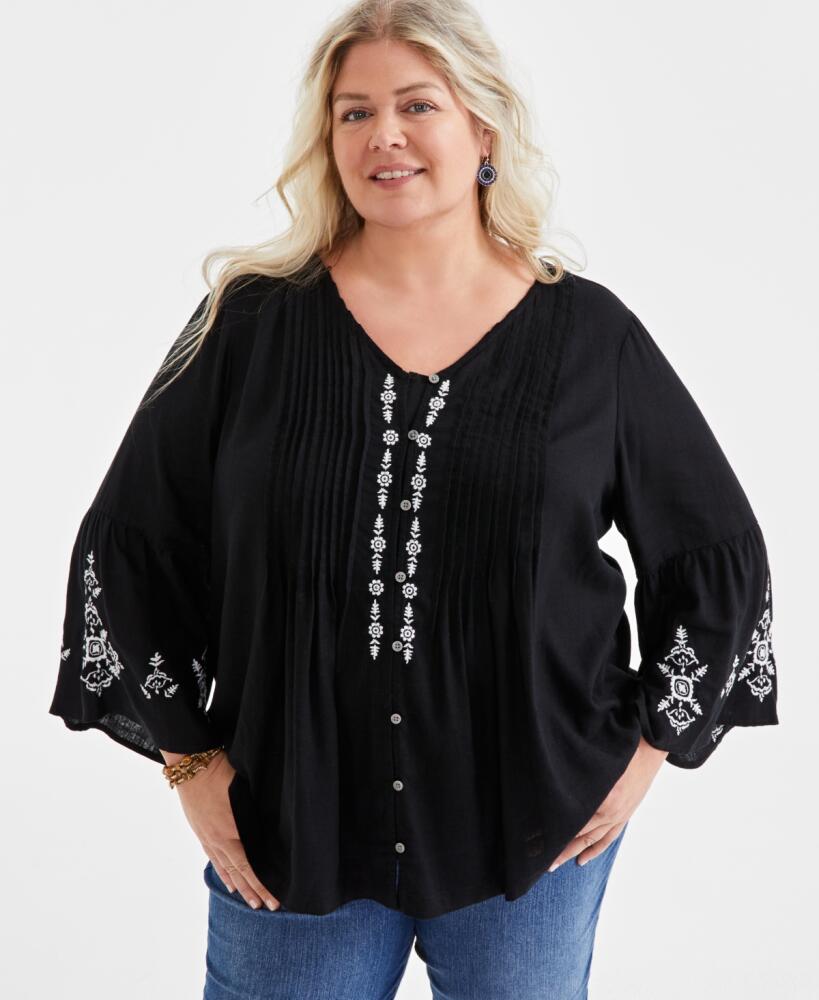 Style & Co Plus Size Embroidered Pintuck Blouse, Created for Macy's - Frida Black Cover