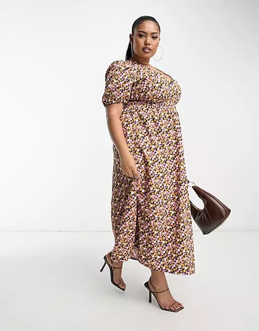 ASOS DESIGN Curve shirred waist midi tea dress with volume sleeve in ditsy print-Multi Cover