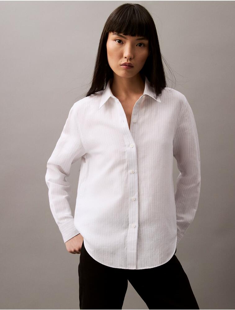 Calvin Klein Women's Linen Blend Stripe Classic Button-Down Shirt - White Cover