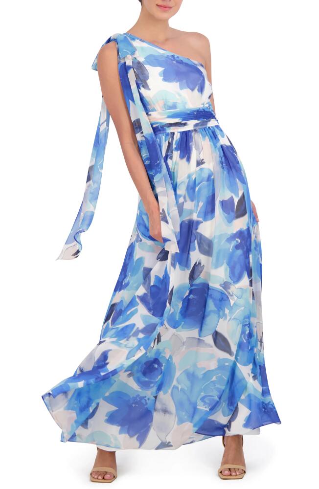 Eliza J Floral One-Shoulder Gown in Blue Cover