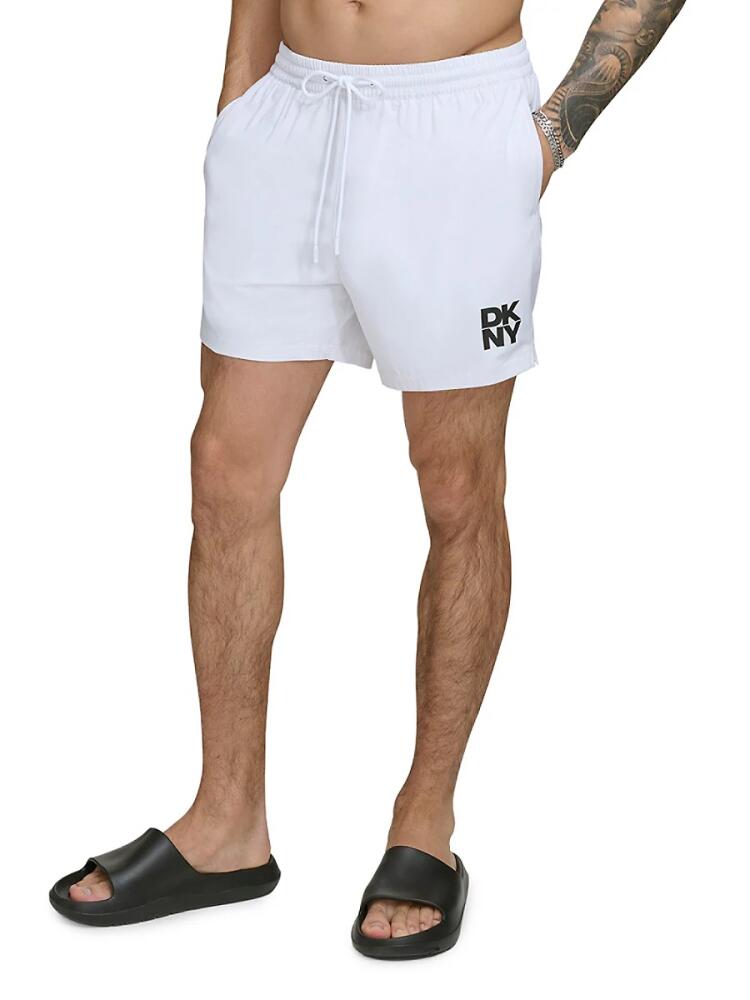 DKNY Men's Standard Fit Flat Front Swim Shorts - White Cover