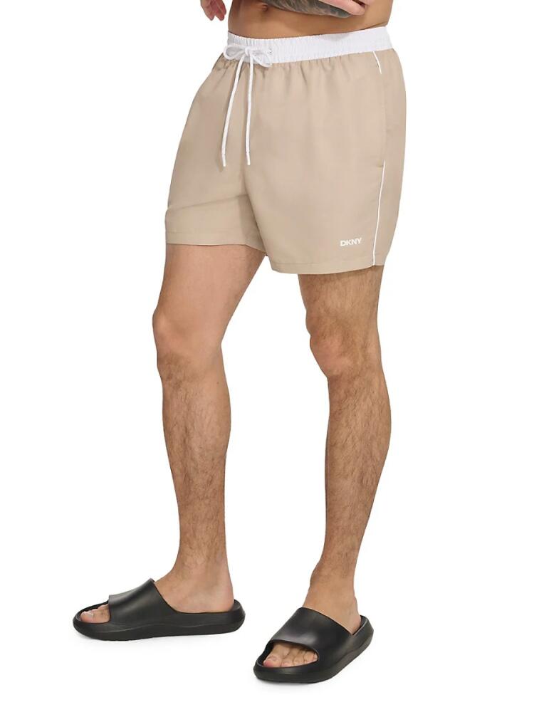 DKNY Men's Standard Fit Flat Front Swim Shorts - Tan Cover