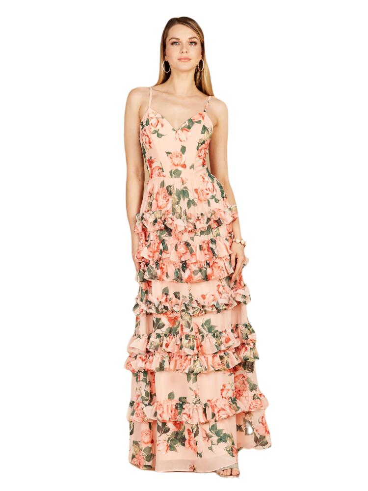 LARA New York Ruffle Skirt Printed Gown with Spaghetti Straps in Peach Cover