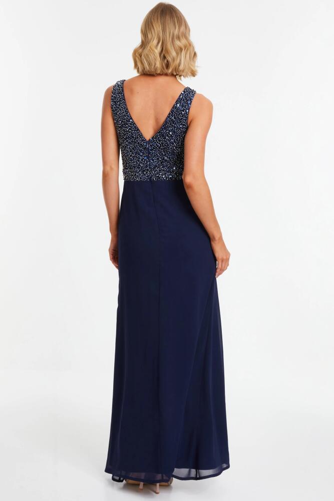 QUIZ Chiffon Embellished Wrap Split Evening Dress in Blue Cover