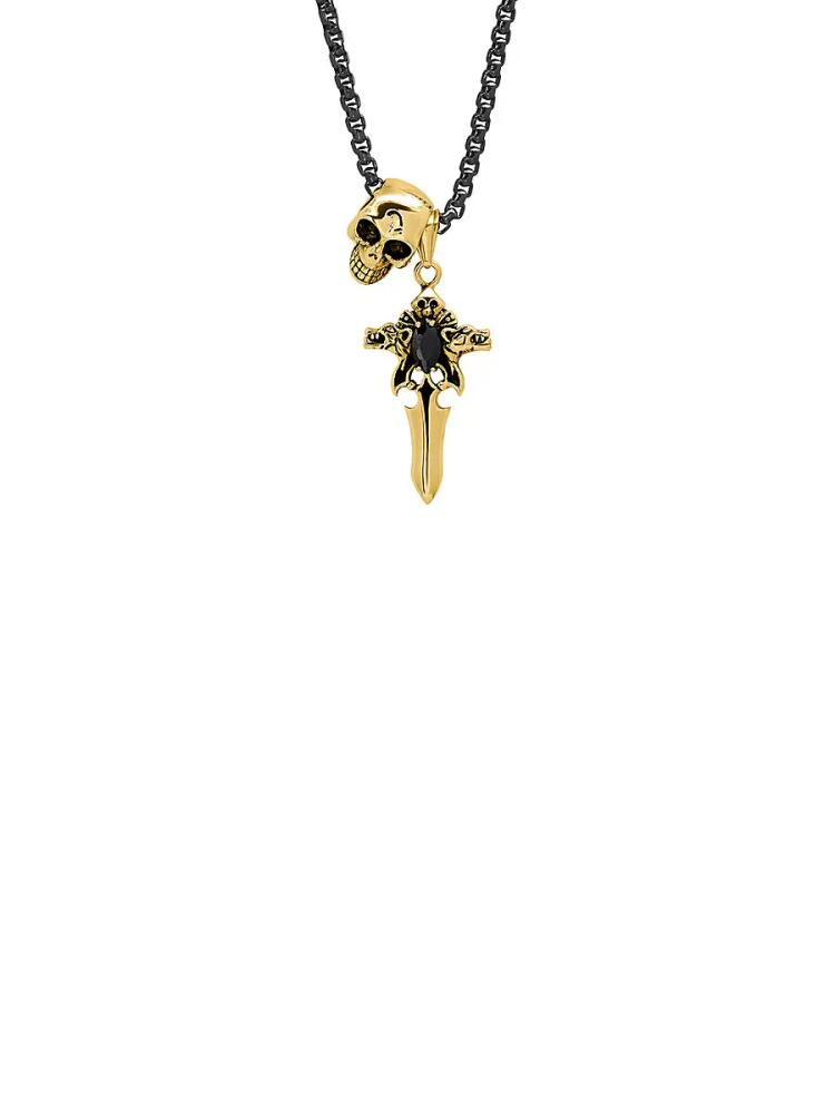 Anthony Jacobs Men's Two-Tone Black Ip, 18K Gold Plated Stainless Steel & Simulated Black Diamond Sword & Skull Pendant Cover