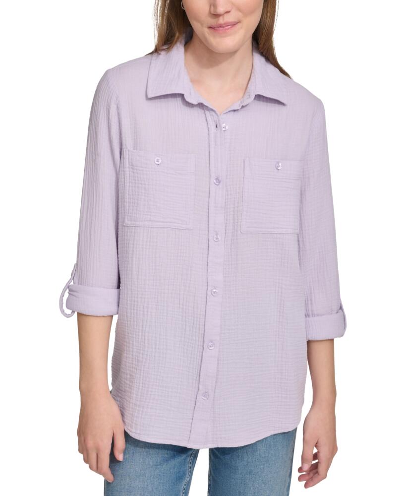 Calvin Klein Jeans Women's Double-Crepe Button-Down Roll-Tab-Sleeve Shirt - Orchid Cover