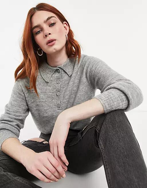 Only knitted polo sweater in light gray-Grey Cover