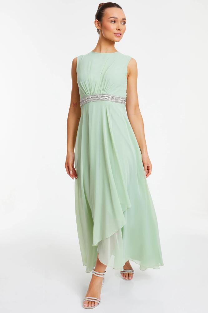 QUIZ Chiffon Embellished Round Neck Evening Dress in Green Cover