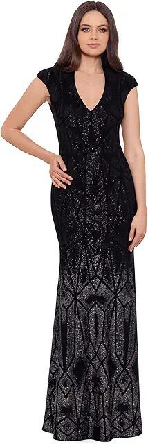 Betsy & Adam Long Cap Sleeve Glitter Ombre Gown (Black) Women's Dress Cover