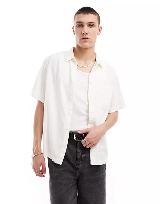 Weekday relaxed fit linen blend short sleeve shirt in off-white Cover