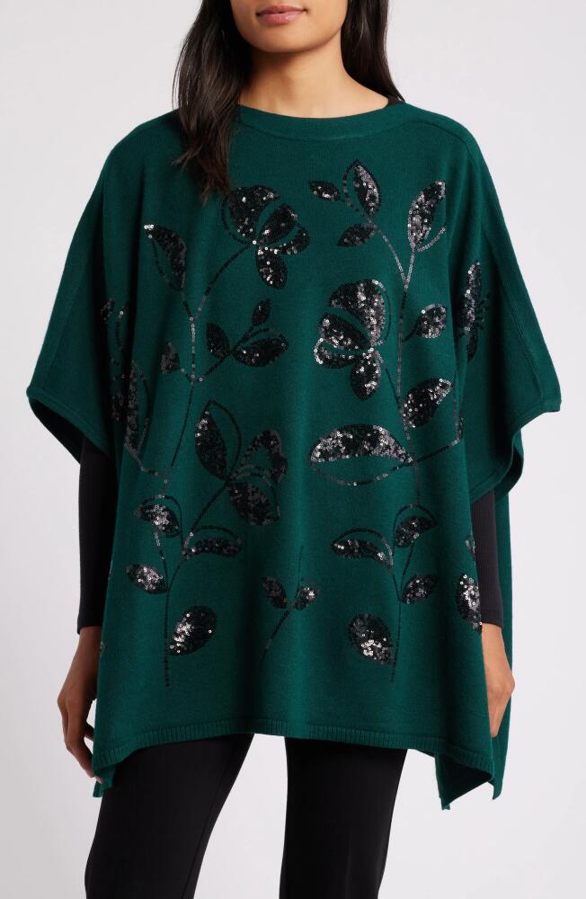 Anne Klein Floral Sequin Poncho in Pine Forest Cover