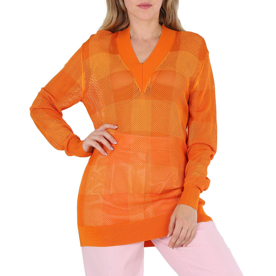 Burberry Ladies Deep Orange Zoie Check Mesh Lace V-Neck Jumper Cover