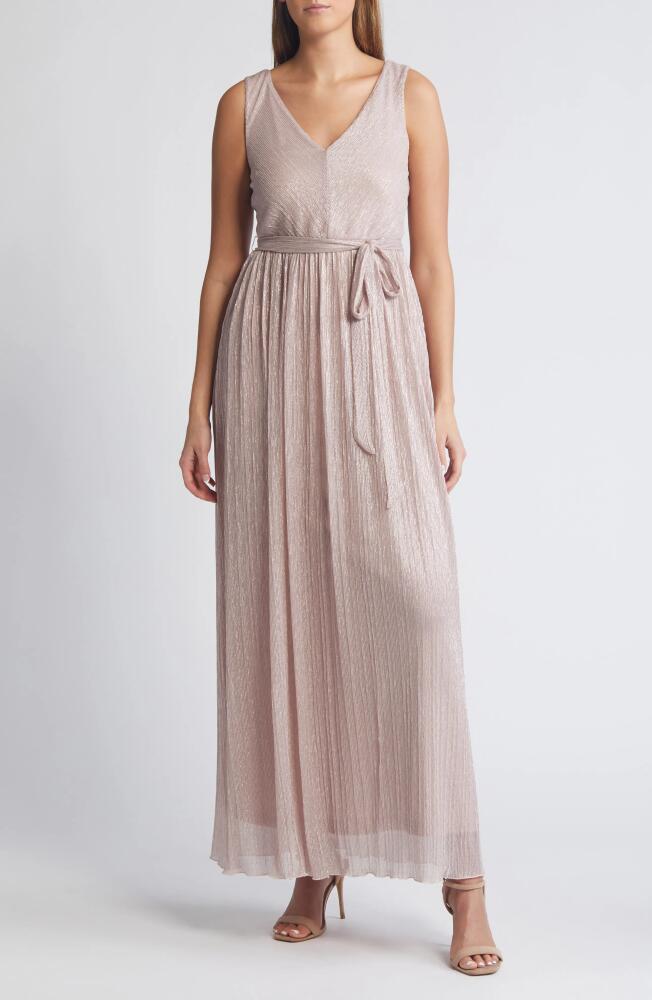 Marina Metallic Pleated Tie Waist Sleeveless Gown in Rose Gold Cover