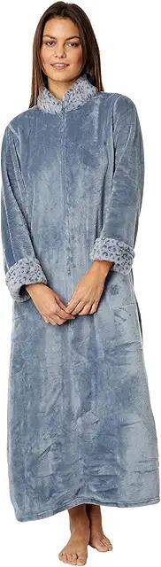 N by Natori Plush Lynx Mandarin Zip Caftan (Blue Granite) Women's Robe Cover