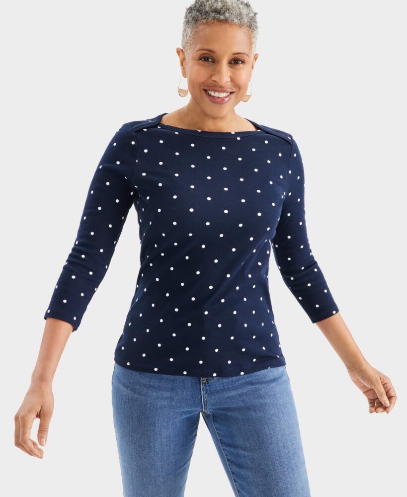 Style & Co Women's Pima Cotton Boat-Neck 3/4-Sleeve Top, Created for Macy's - Dot Ind Blue Cover