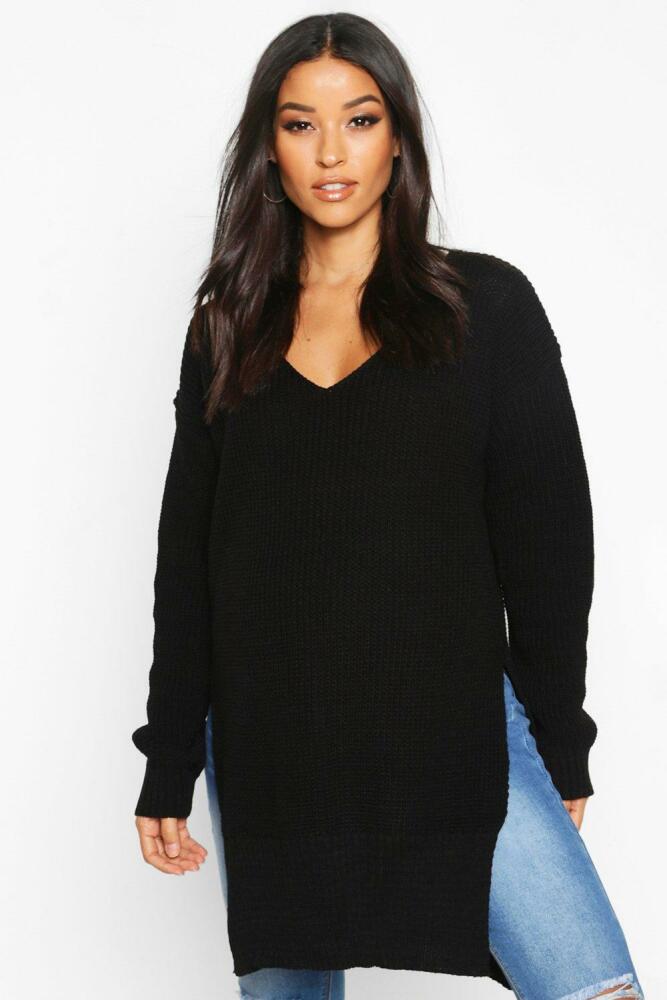 boohoo Womens Maternity V-Neck Side Split Sweater - Black Cover