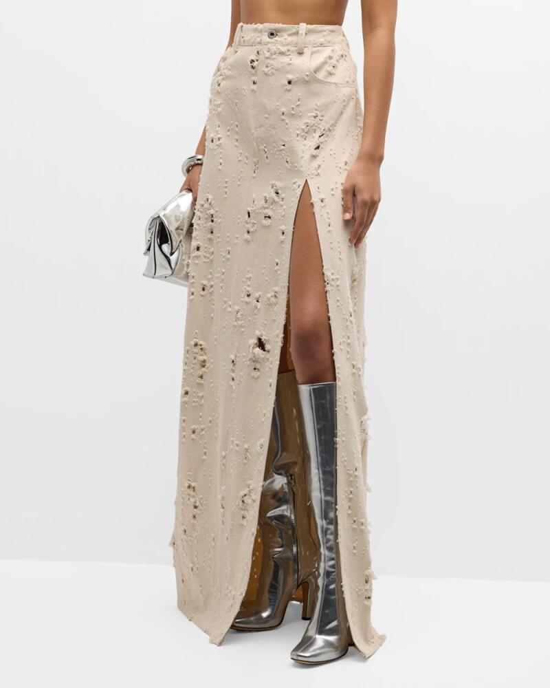 LAPOINTE Distressed Denim Side-Slit Maxi Skirt Cover