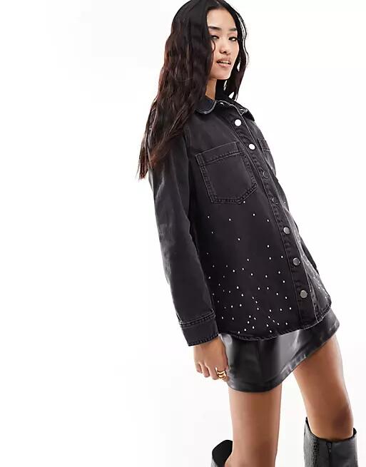 River Island denim shirt with scattered embellishment in black Cover