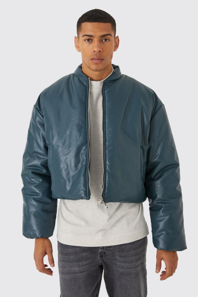 boohoo Mens Boxy Pu Volume Padded Puffer Bomber - Green Cover