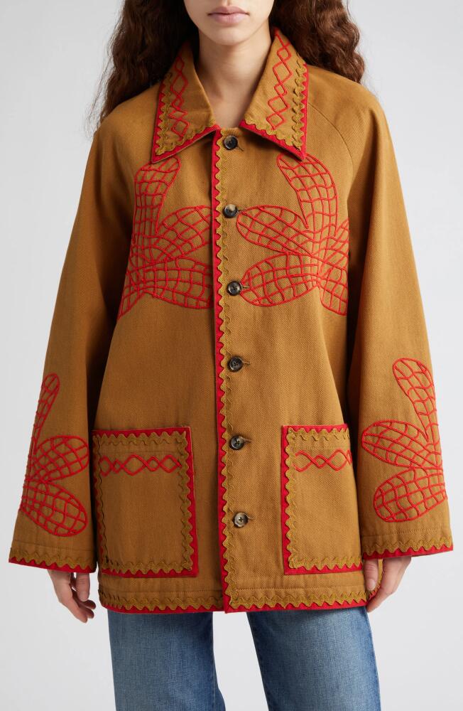 Bode Maple Embroidered Field Coat in Brown Red Cover