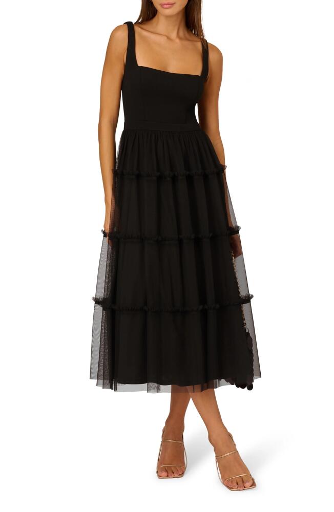 Adrianna Papell Mesh Overlay Tiered Midi Cocktail Dress in Black Cover