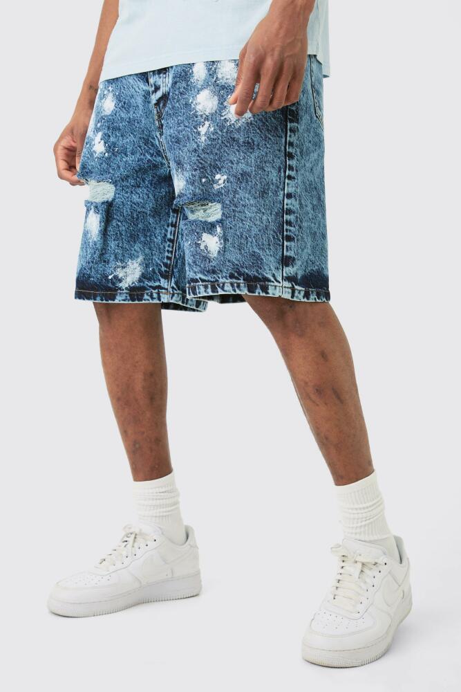 boohoo Mens Tall Indigo Wash Paint Splatter Relaxed Jean Shorts - Blue Cover