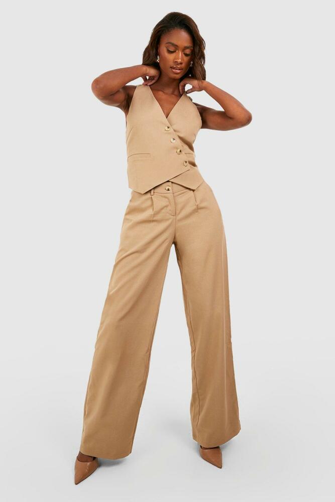 boohoo Womens Mock Horn Double Button Wide Leg Dress Pants - Brown Cover