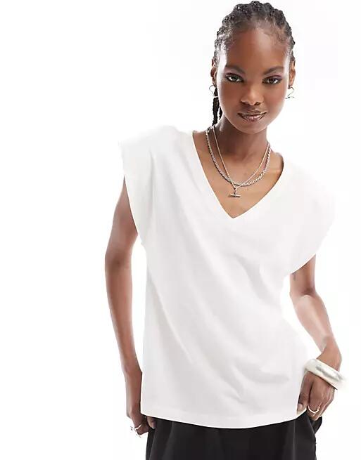 ONLY v neck padded shoulder T-shirt in white Cover