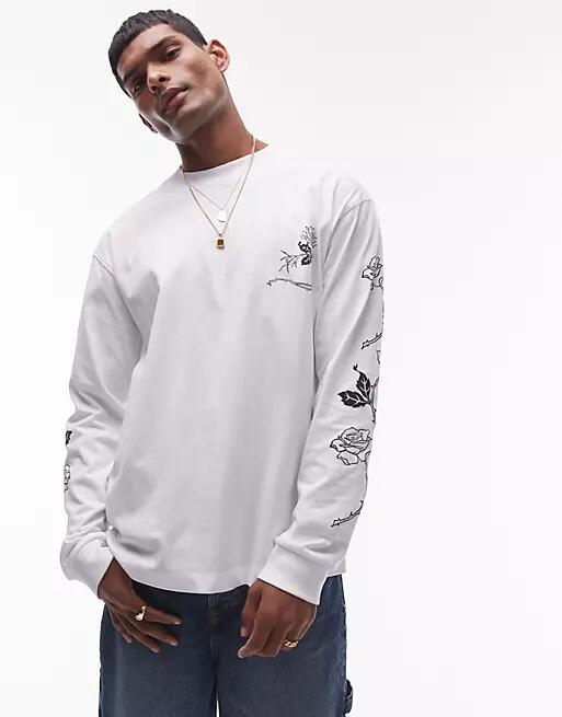 Topman oversized fit long sleeve t-shirt with roses chest and sleeve print in white Cover