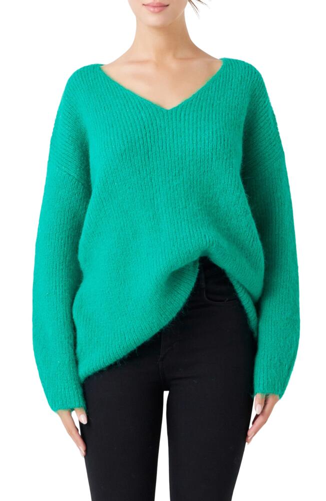 Endless Rose Fuzzy V-Neck Rib Sweater in Green Cover