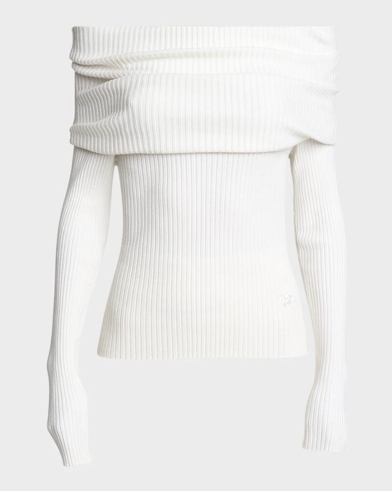 Courreges Twisted Off-The-Shoulder Long-Sleeve Rib Knit Sweater Cover