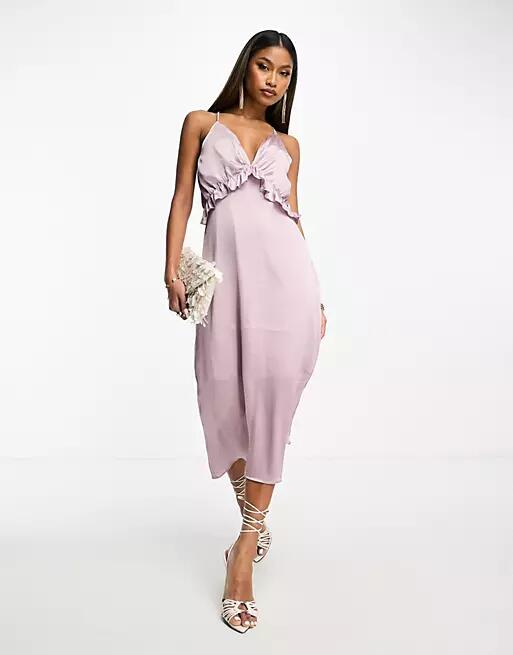 Y.A.S satin cami midi dress with frill detail in rich silver lilac-Purple Cover