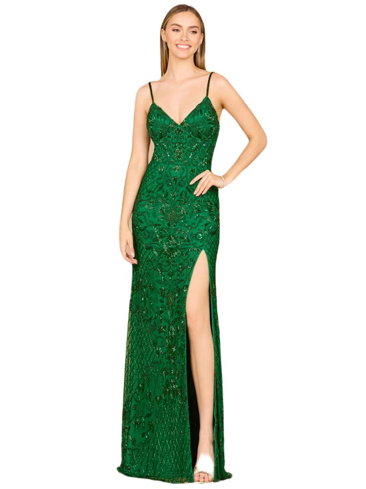 LARA New York Body Con V-Neck Beaded Gown in Emerald Cover