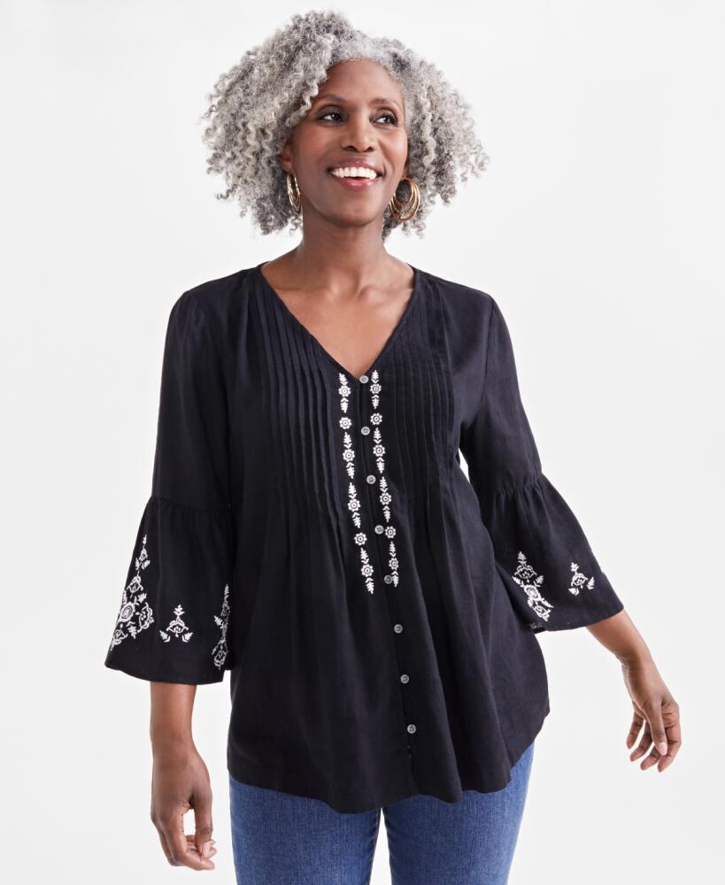 Style & Co Women's V-Neck Pintuck Embroidery Top, Created for Macy's - Black Cover