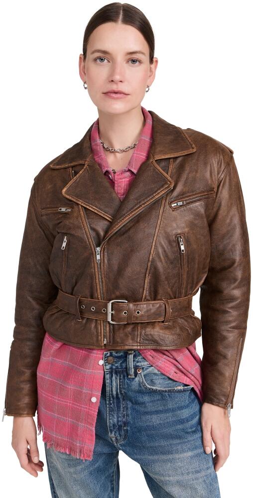 R13 Exaggerated Shoulder Motorcycle Jacket Brown Leather Cover