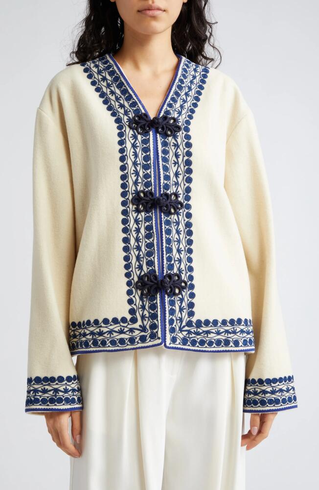 Bode Caracalla Vine Wool Jacket in Ivory/Blue Cover