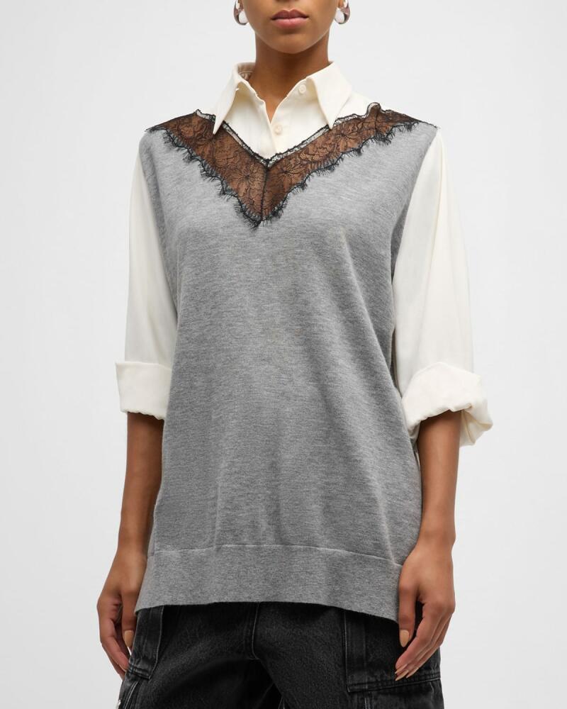 3.1 Phillip Lim Long-Sleeve Combo Lace Shirt Cover