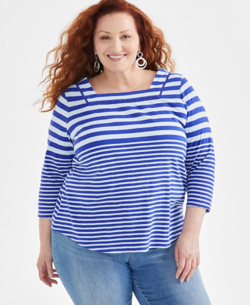 Style & Co Plus Size Printed Cotton Square-Neck Top, Created for Macy's - Rewind Jazz Blue Cover