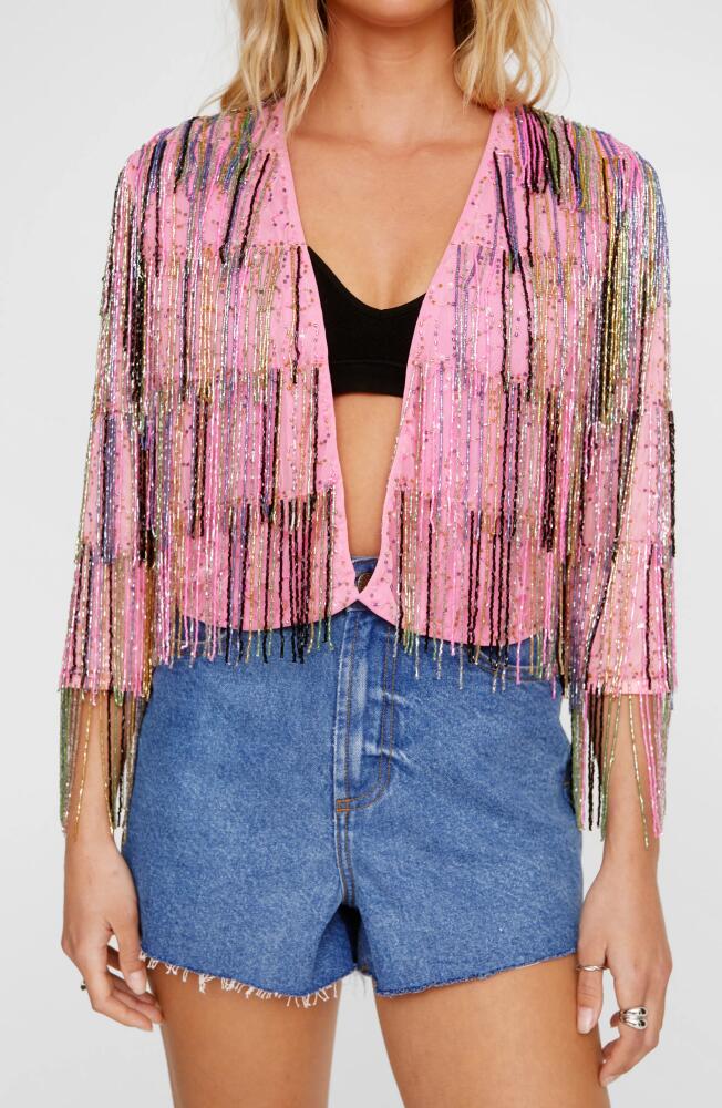 NASTY GAL Tiered Bead Fringe Crop Jacket in Pink Cover