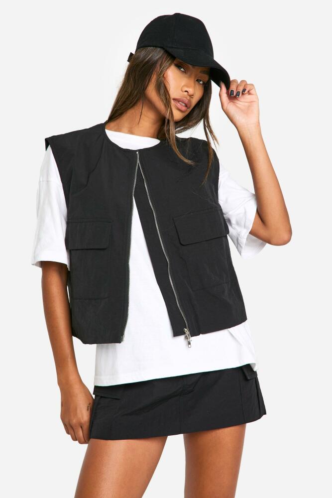 boohoo Womens Nylon Cargo Zip Up Waistcoat - Black Cover