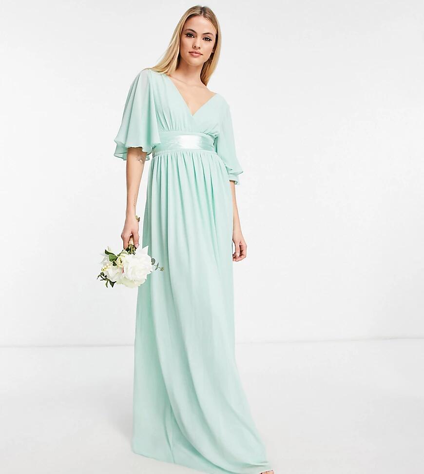 TFNC Tall Bridesmaid kimono sleeve pleated maxi dress with angel sleeve in fresh sage-Green Cover