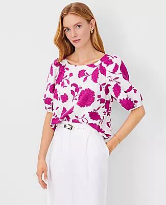 Ann Taylor Floral Linen Blend Boatneck Popover Top Cover