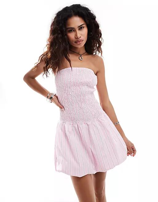 Reclaimed Vintage strapless mini dress with bubble hem in pink stripe Cover