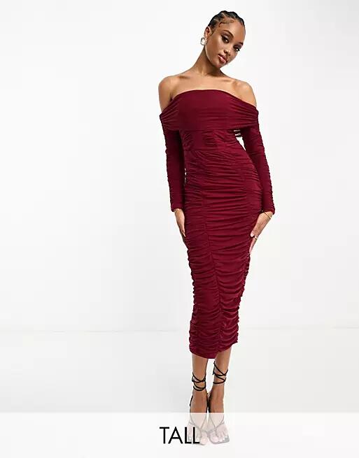 Jaded Rose Tall paneled corset ruched midi dress in burgundy-Red Cover