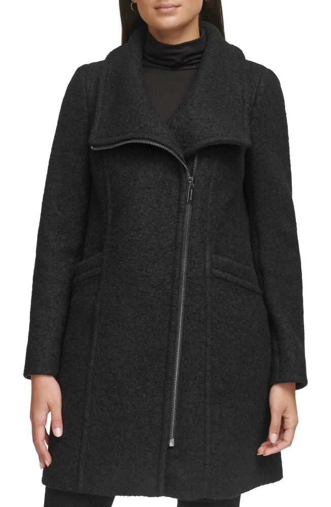 Kenneth Cole Asymmetric Zip Convertible Collar Bouclé Coat in Black Cover