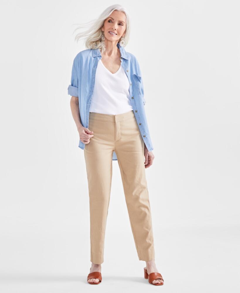 Style & Co Women's Mid-Rise Linen Blend Ankle-Length Pants, Created for Macy's - Khaki Cover